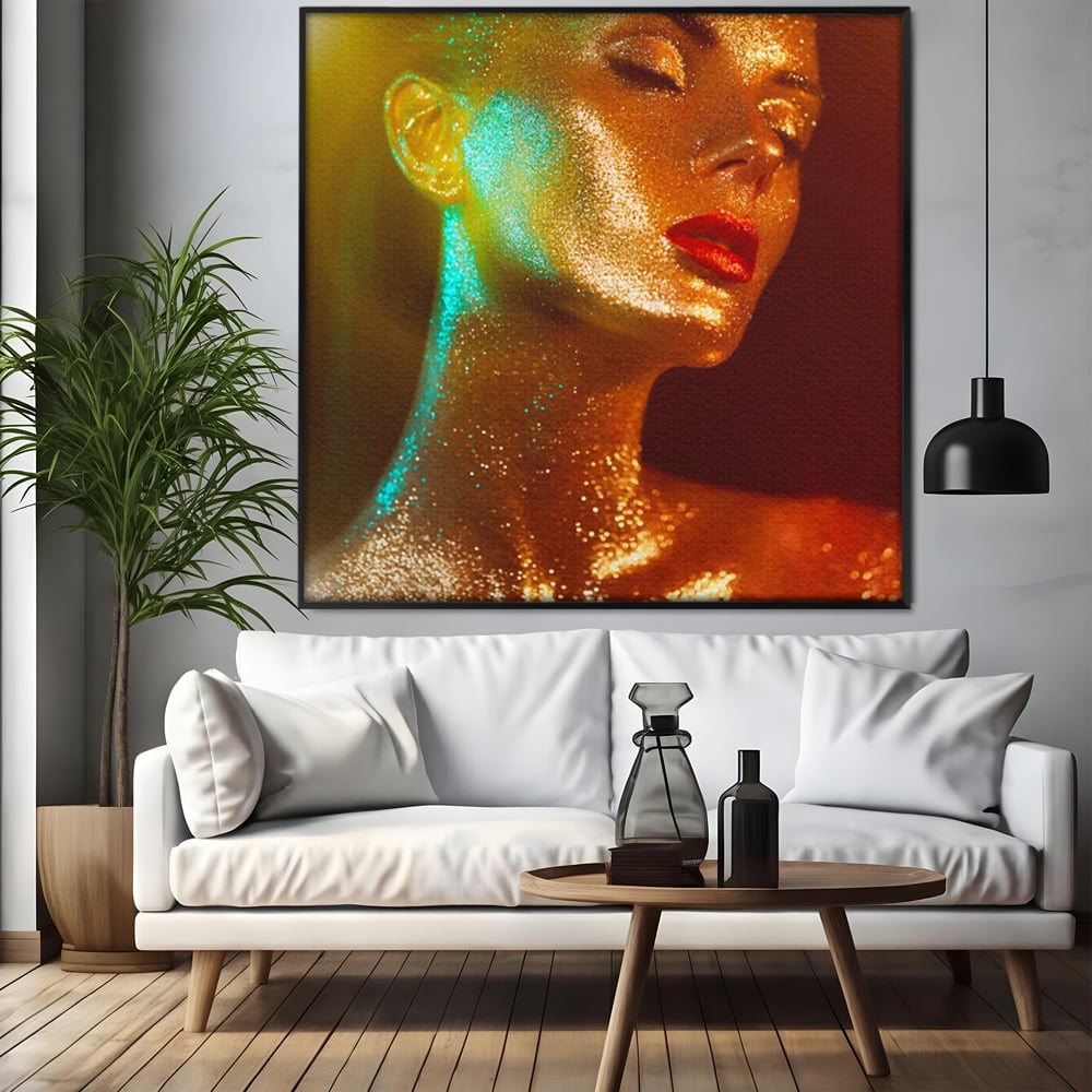 Tablou canvas cu tablou canvas cu femeie si sclipici auriu, in rama de aluminiu negru, pe perete intr-un living